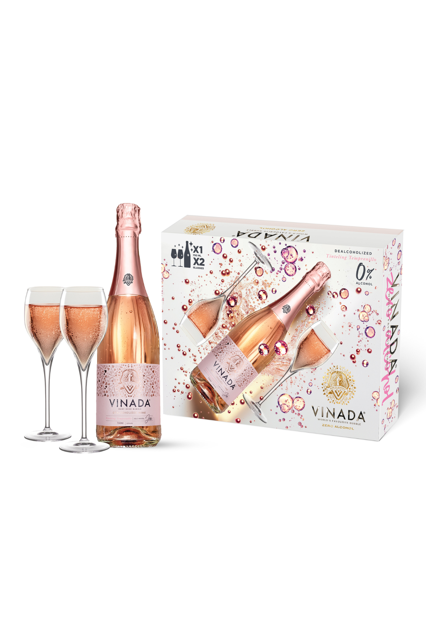 VINADA® -  GIFTBOX - TINTELING TEMPRANILLO ROSÉ (0%) 750 ML + 2 Glasses